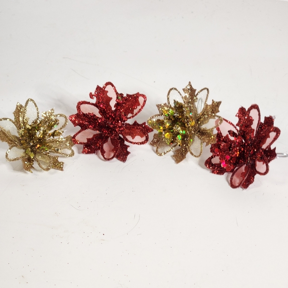 RED AND GOLD GLITTER FLOWER ORNAMENTS SET OF 4